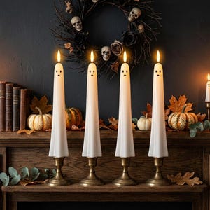 May include: Four white taper candles shaped like ghosts with simple black eyes and mouths, each standing in a brass candlestick. The candles feature lit flames at the top, creating a warm glow against a dark background with pumpkins and books.