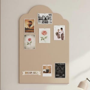May include: A beige cloud-shaped memo board displaying several photographs and a banner reading "DREAM BIG!". The photos feature a hot air balloon, a dog, roses, a couple, a coffee cup, and a star chart. The board is mounted on a light wall.