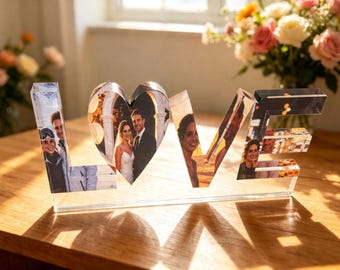Anpassad nattlampa med foto, LOVE-motiv, massiv träbas, personlig present till par
