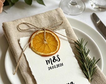 Anpassade vintagekort med torkade apelsiner, etiketter med dekorerade kanter, plats- och presentkort för bröllop