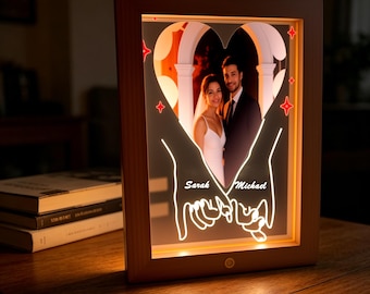 Anpassad uppladdningsbar nattlampa med foto, personlig LED-lampa i akryl med träram, present till par