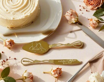 Aangepaste naam en afbeelding vintage gouden cakemes en serveerset, handvat kwastje, aandenken bruiloft en jubileum