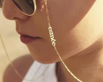 Personlig glasögonkedja med kursivt namn | Guld Silver Titan Stål Anpassat solglasögonband, unik födelsedagspresent till henne