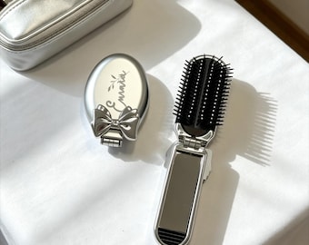 Custom Engraved Foldable Hair Brush & Mirror, Pocket Portable, Travel Friendly, Bridesmaid Gift
