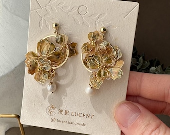 Resin Floral Hoop Earrings with Pearls, 14K Gold Wire Botanical Jewelry