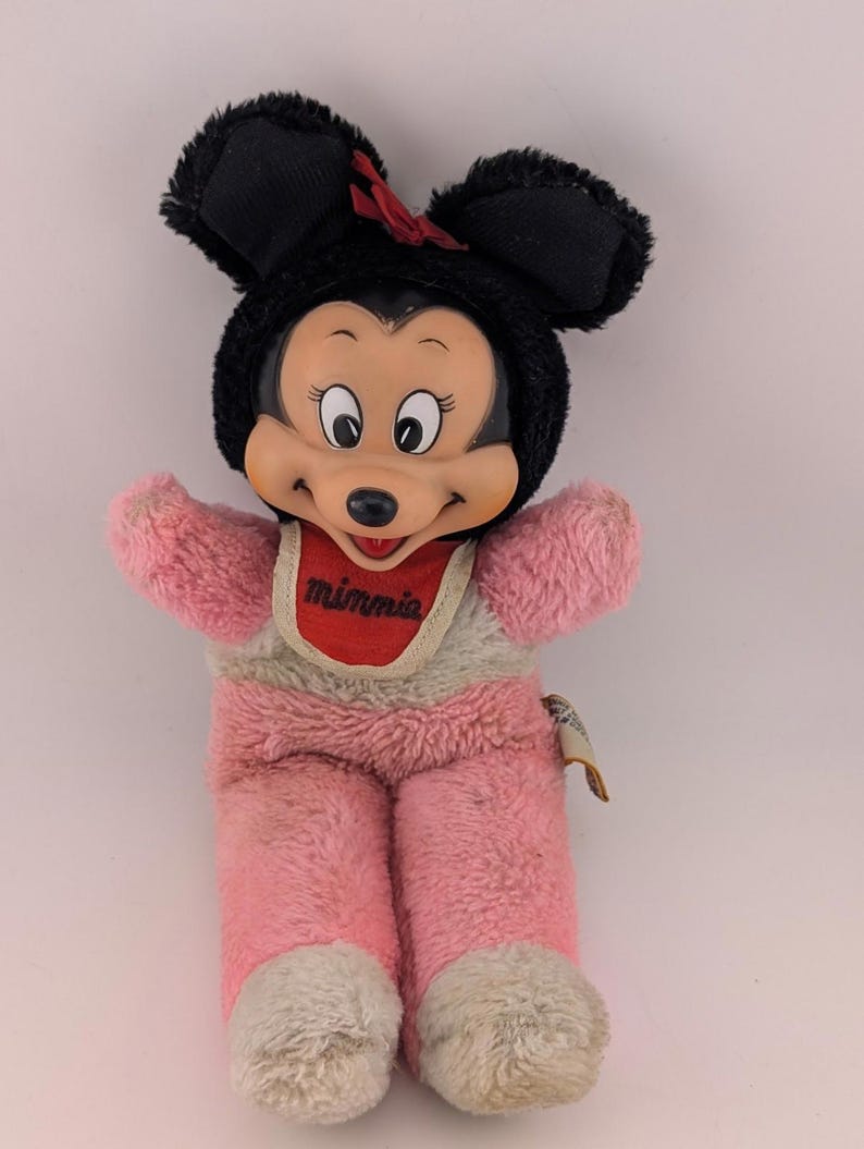 Peluche Minnie Mouse vintage avec visage en caoutchouc avec bavette - Disney World des années 1960/70 (10") image 1