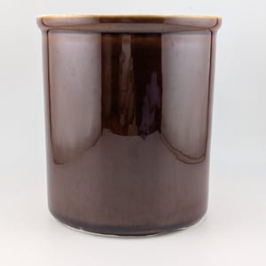 Può includere: Un vaso cilindrico in ceramica caratterizzato da una smaltatura lucida color marrone scuro. Il contenitore presenta una superficie esterna liscia e uniforme con un bordo leggermente svasato nella parte superiore e una base piatta e solida.