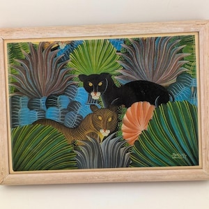 Cuadro enmarcado de animales de la selva estilo mediados de siglo, firmado por Jackson Charlet.