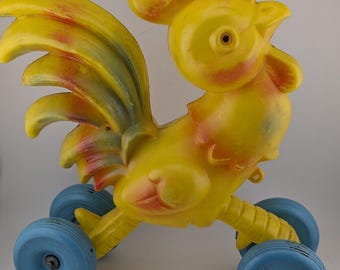 Vintage 1960s Regal Canada Plastic Blow Mold Rooster Pull Toy 10.5"