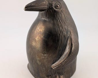 Vintage Elegance Silver Plated Penguin Coin Bank - Textured Zinc Metal Piggy Ban
