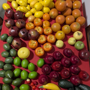 Könnte beinhalten: Eine große Sammlung verschiedener künstlicher Früchte auf einer roten Unterlage, darunter gelbe Zitronen, orangefarbene Orangen, dunkelrote Granatäpfel, orangefarbene Kakis, grüne Limetten, grüne Avocados, rote Äpfel, eine gelbe Banane und rote Erdbeeren.