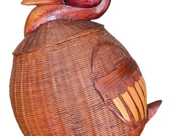 Vintage Woven Wicker Duck Lidded Basket Mid-Century Boho Rattan Folk Art