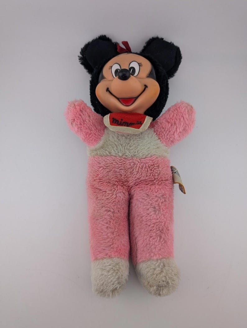 Peluche Minnie Mouse vintage avec visage en caoutchouc avec bavette - Disney World des années 1960/70 (10") image 2