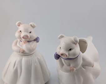 Vintage Ceramic Pig Sugar Bowl and Creamer Set, Dressed Pigs in Purple Bows