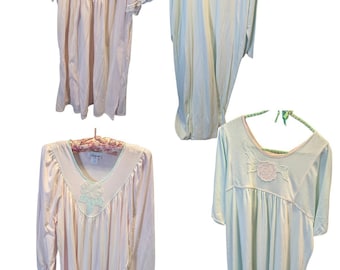 4 Stück Vintage Französische Maid Nachthemden XL/L - Pastell Rosa & Minze - Wie Neu