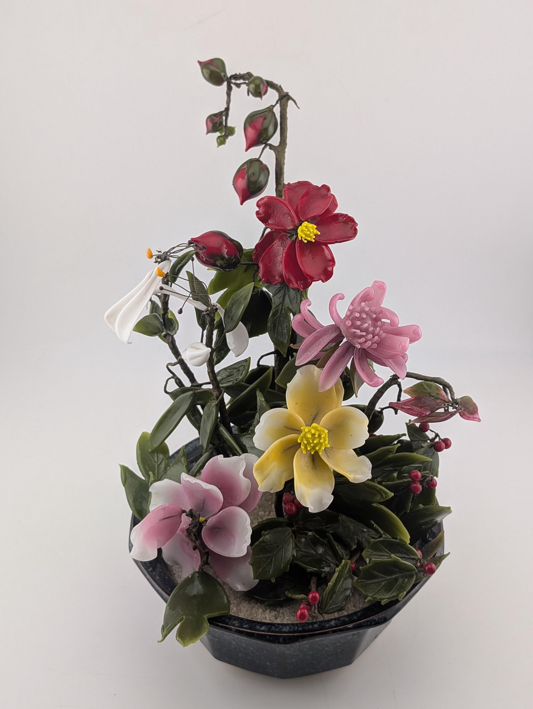 Vintage Glass Flower Bonsai Tree, 1970s-1980s Asian Decor, Ceramic Pot