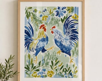 Kämpfende Hähne Wandkunst, blaues Huhn Druck, Bauernhaus Küche Dekor, Bunter Hahn Malerei, Cottage Bauernhof Tier Kunst
