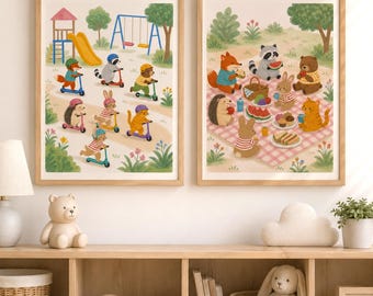 Muurdecoratie voor de kinderkamer met scooter en picknick, prints met bosdieren, parkthema voor de speelkamer, kunst voor de kinderkamer, enkele print of set van 2.