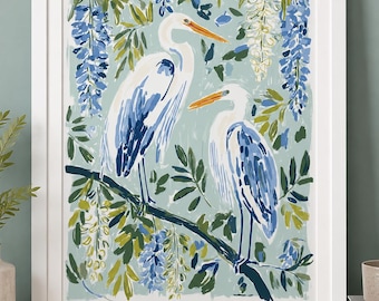 Quadro decorativo de casal de garças, pintura de pássaro em glicínia azul, decoração de parede em estilo chinês, obra de arte de garça costeira, pôster botânico de pássaro