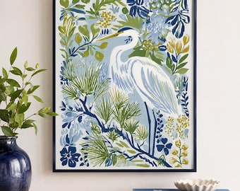 Quadro decorativo de garça, pintura botânica de garça branca, decoração floral azul e verde com pássaros, arte de parede para casa de campo costeira.