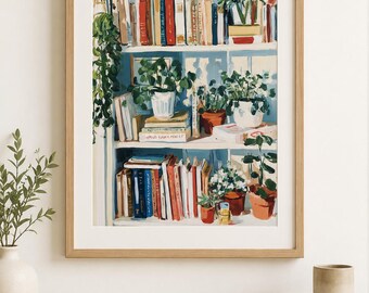 Arte de parede com estante de livros, pôster para prateleira de plantas, pôster aconchegante para sala de leitura, presente para amantes de livros, decoração de parede para biblioteca, arte colorida para casa.