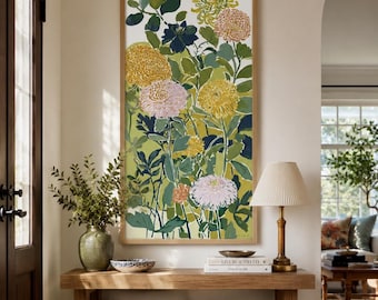 Quadro de Crisântemo para Parede nº 1, Pôster Botânico de Jardim Floral, Pintura de Crisântemos Rosa e Amarelo, Obra de Arte Elegante da Natureza, Decoração Cottagecore para Casa