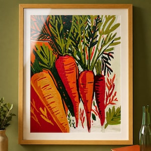 May include: A framed painting featuring four vibrant orange carrots with textured green leafy tops. The artwork uses bold brushstrokes and a color palette of orange, red, and various shades of green against a light, off-white background.