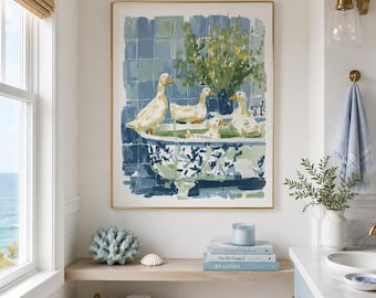 Quadro decorativo de parede com patos em banheira vintage, pintura de patos, decoração de banheiro azul e branca, obra de arte com animais em estilo fazenda.