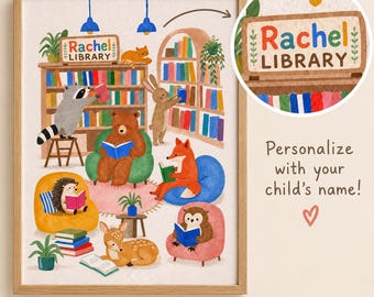 Gepersonaliseerde muurdecoratie voor de babykamer, dierenbibliotheekprint met eigen naam, decoratie voor de leeshoek met bosmotief, kunst voor de kinderboekenhoek, cadeau voor de babykamer