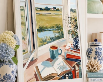 Arte de parede com janela costeira, impressão de café e livros, pintura com vista para o oceano, decoração de casa de praia, pôster aconchegante para cantinho de leitura