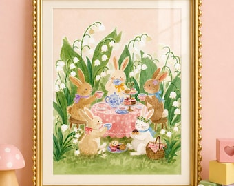 Arte de parede com tema de festa do chá de coelhinhos, pôster de coelho para quarto de bebê, arte lúdica de jardim com coelhinhos, pôster de coelho em aquarela, decoração de quarto de bebê com lírios-do-vale