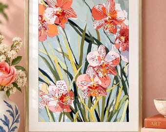 Quadro de orquídea para parede, pôster botânico de flores, decoração floral vintage, arte de jardim de orquídeas, decoração floral campestre para parede.