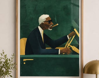 Arte de parede vintage para escritório, estampa de homem fumando, retrato verde-escuro, pôster estilo meados do século, decoração masculina para escritório.