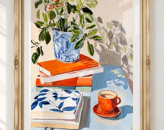 Quadro de arte para mesa de centro, arte de parede com livros e plantas, decoração aconchegante para cantinho de leitura, pôster de natureza morta em tons de azul e laranja, presente para amantes de café