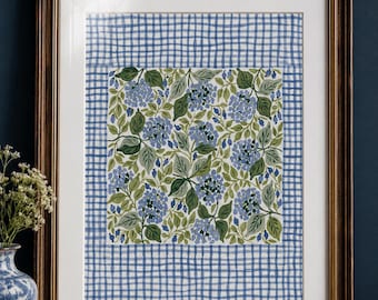 Quadro de parede com hortênsias azuis, estampa floral xadrez, decoração botânica estilo cottagecore, arte floral azul e verde, decoração de parede preppy