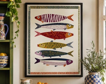 Folk art Fish Wall Art, Colorful Coastal Fish Print, Nautical Kitchen Decor, Whimsical Sardine Artwork, Beach House Wall Decor