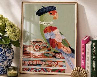 Quadro de parede com papagaio, pássaro fashionista com livros e café, pôster colorido e eclético, arte animal divertida, decoração maximalista.