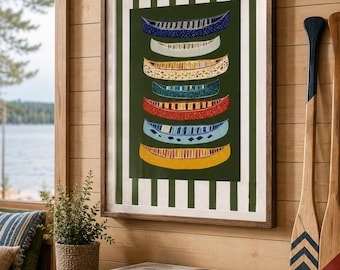 Quadro decorativo colorido de canoas para parede, decoração para casa de campo, arte rústica para cabana, estampa de canoas empilhadas, decoração de parede para chalé, arte colorida para casa de campo.