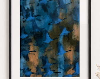 Arte de parede abstrata azul, pintura em tons de azul marinho, impressão moderna texturizada, decoração contemporânea para casa.