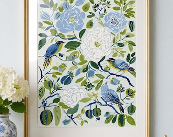 Arte de parede floral Pássaro Azul nº 2, impressão botânica de pássaro, pôster de jardim verde, decoração campestre com elementos da natureza, impressão artística de flor azul