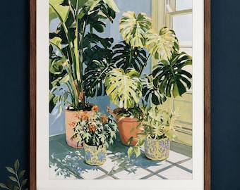 Arte de parede Monstera, pintura de planta de interior, impressão artística botânica colorida, decoração de planta tropical, obra de arte em tela com moldura verde