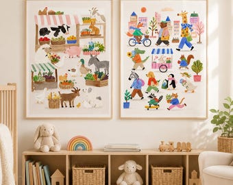 Conjunto de Arte de Parede com Animais em Mercado de Produtores e Passeios, Impressões para Quarto Infantil com Animais da Cidade, Decoração para Quarto de Crianças com Tema de Mercado de Produtores, Conjunto de Arte Animal Divertida com 2 Peças