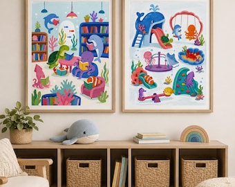 Quadros para Biblioteca e Parque Infantil com Tema Marinho, Arte de Parede para Quarto Infantil com Animais Marinhos, Impressão Individual ou Conjunto de 2