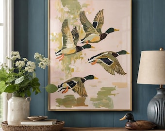 Quadro decorativo de pato-real para parede, pintura de patos voando, arte rústica de pássaros, decoração para casa de campo e cabana.