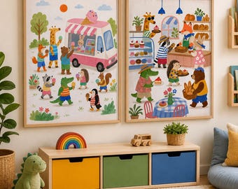 Muurdecoratieset voor de kinderkamer met ijscowagen en bakkerijthema, prints van bosdieren en eten, kleurrijke decoratie voor de kinderkamer.