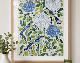 Arte de parede floral Pássaro Azul nº 1, impressão botânica de pássaro, pôster de jardim verde, decoração campestre com elementos da natureza, impressão artística de flor azul