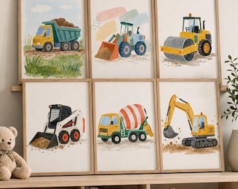 Conjunto de 2, 3, 4 ou 6 quadros de veículos de construção em aquarela para parede, decoração de quarto infantil com caminhões, pôsteres de caminhões de transporte, decoração para quarto de criança.