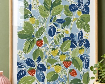 Quadro de parede com morango nº 2, pôster botânico com frutas vermelhas e amarelas, arte para cozinha em tons de azul e verde, decoração para casa com tema de jardim campestre.