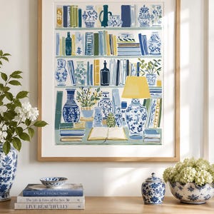 Decoración de pared estilo chinoiserie, lámina decorativa azul y blanca, póster para estantería, decoración de pared para cocina, decoración para el hogar estilo casa de campo.