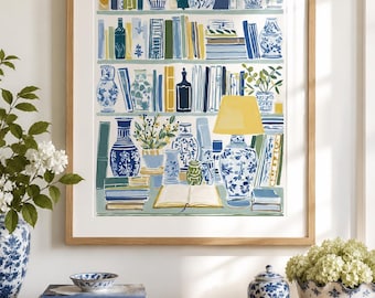 Quadro decorativo em estilo Chinoiserie para estante, estampa azul e branca, pôster para estante de livros, arte de parede para cozinha, decoração para casa de campo.